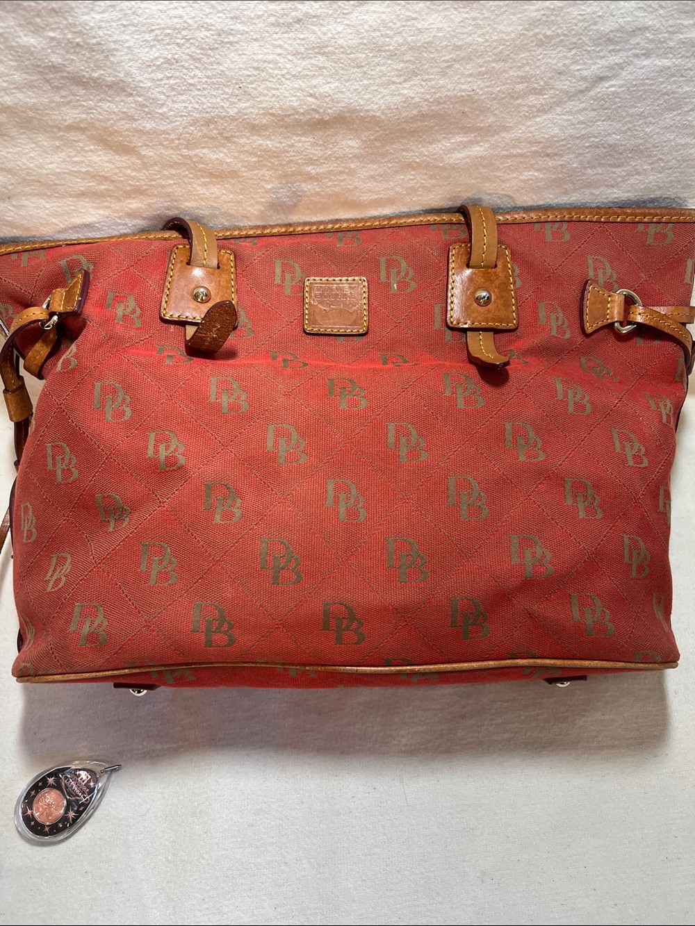 Dooney & Bourke Brick Red Logo Tote with Tan Leather Trim (P37)